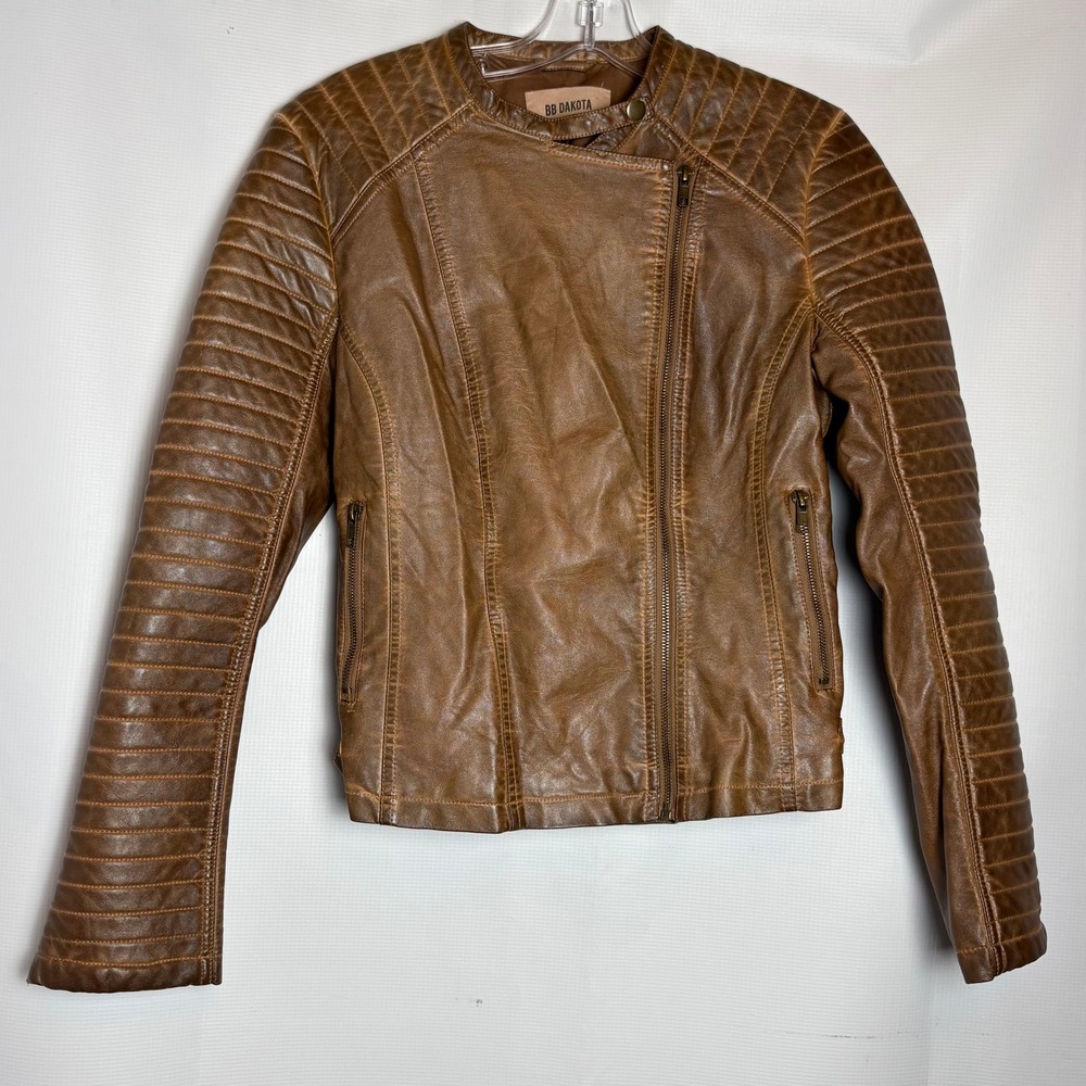 BB Dakota Brown Leather Quilted Moto Biker Jacket Womens Small Distressed Edgy